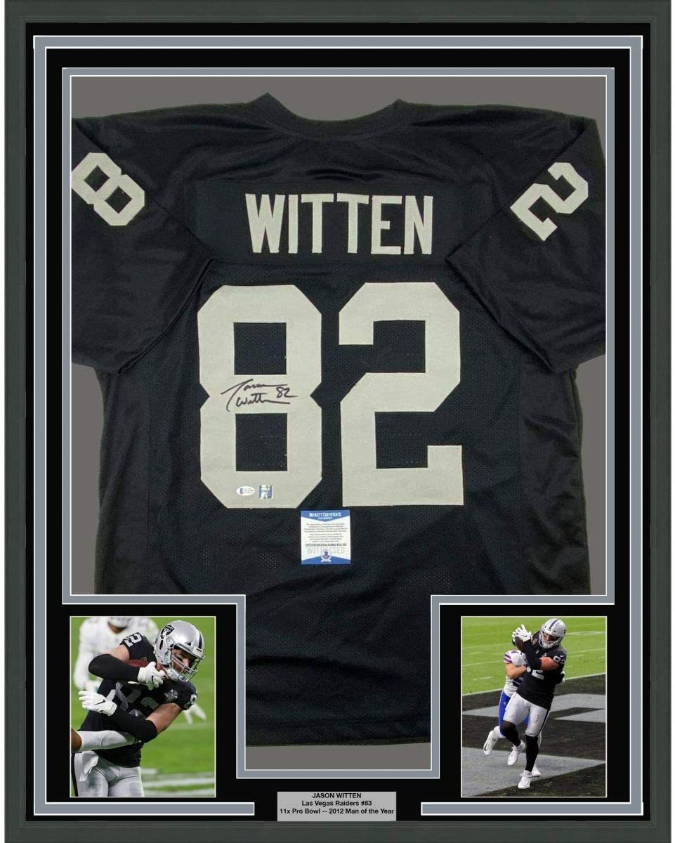 Framed Autographed/Signed Jason Witten 35x39 Las Vegas Oakland Black Football Jersey Beckett BAS COA