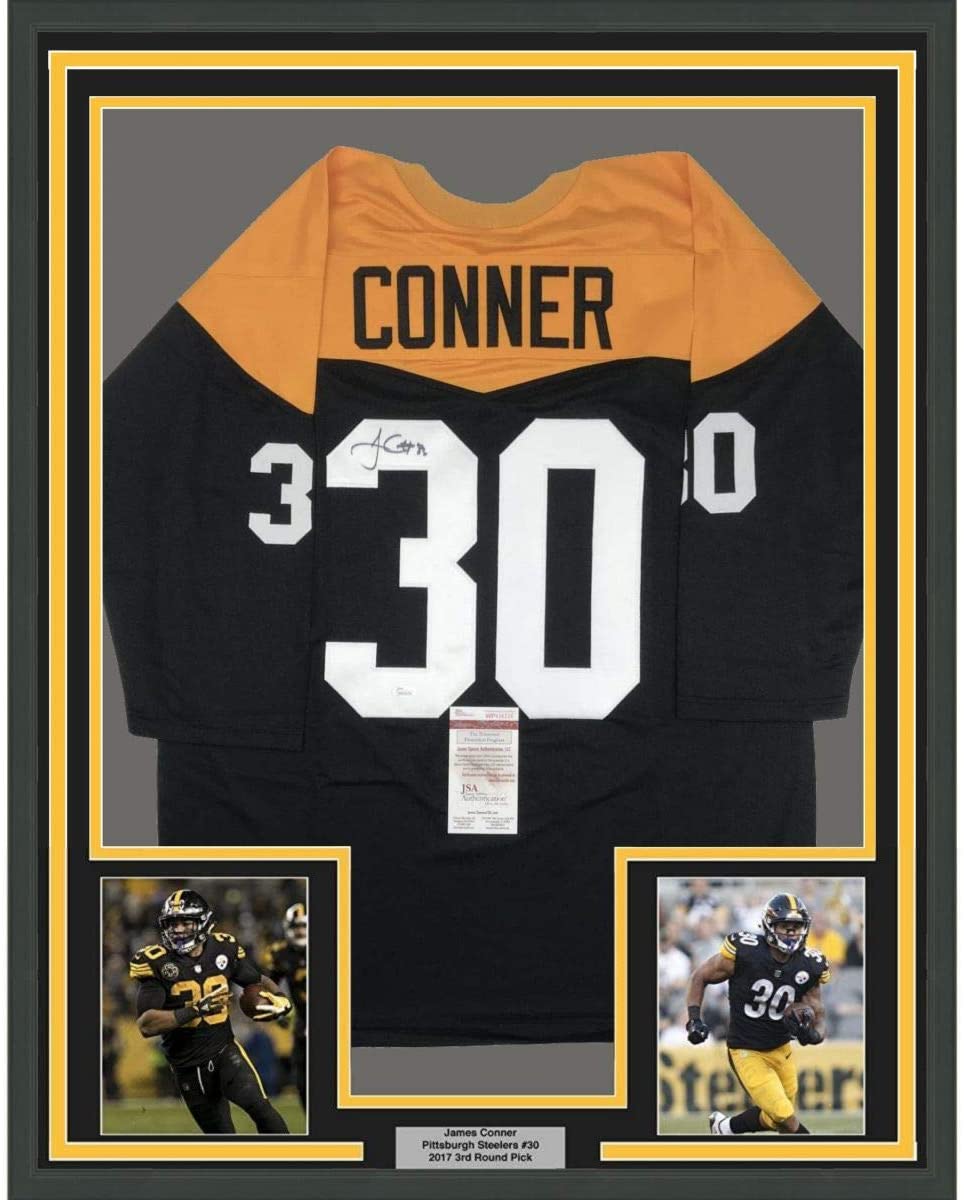 Framed Autographed/Signed James Conner 35x39 Pittsburgh Retro Black Football Jersey JSA COA