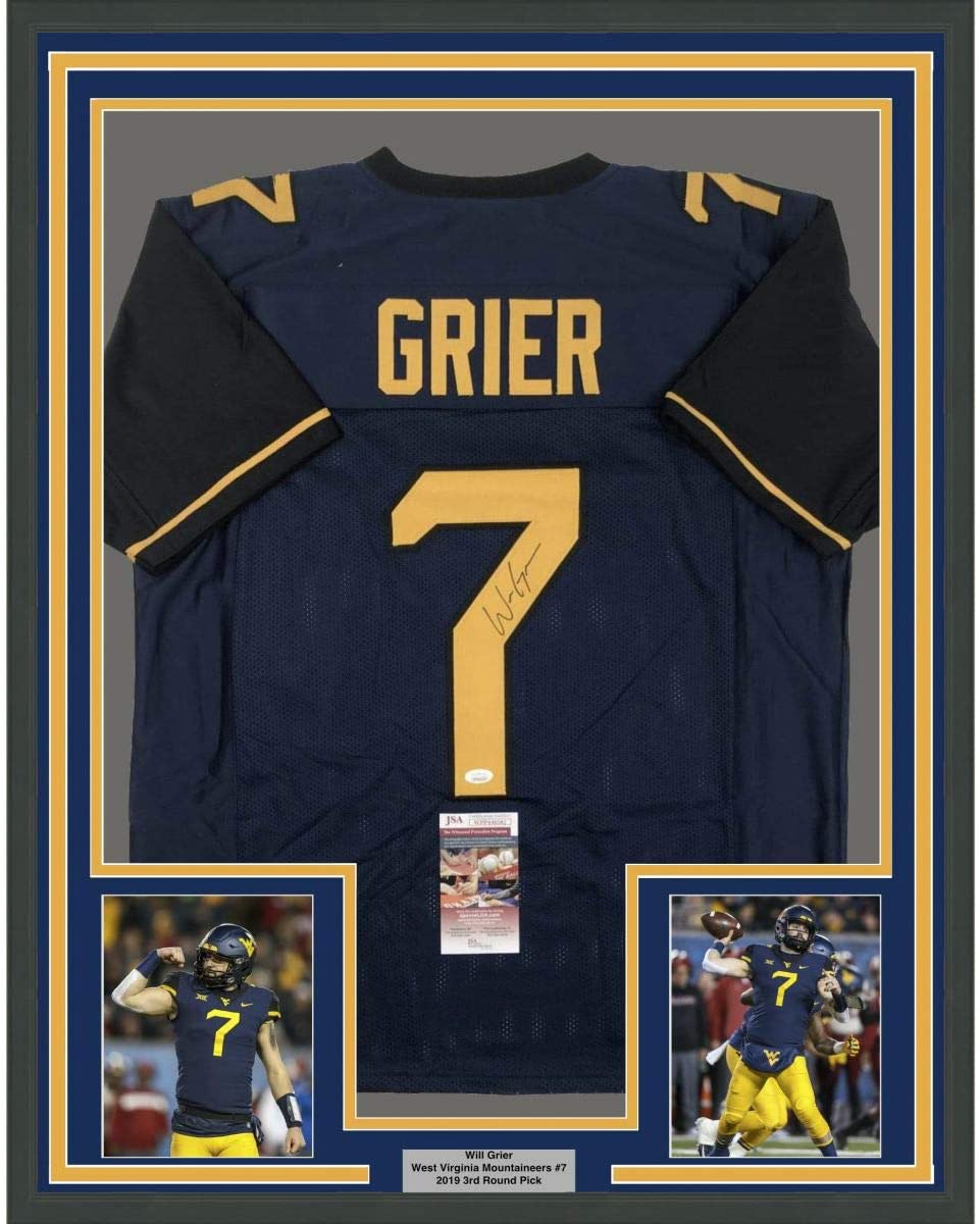 Framed Autographed/Signed Will Grier 35x39 West Virginia Blue College Football Jersey JSA COA