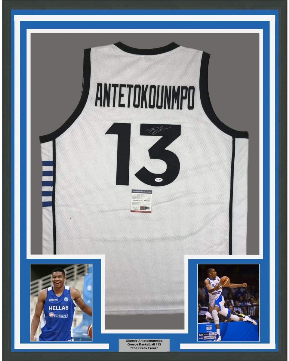Framed Autographed/Signed Giannis Antetokounmpo 35x39 Greek Greece White Basketball Jersey PSA/DNA COA