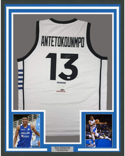 Framed Autographed/Signed Giannis Antetokounmpo 35x39 Greek Greece White Basketball Jersey PSA/DNA COA