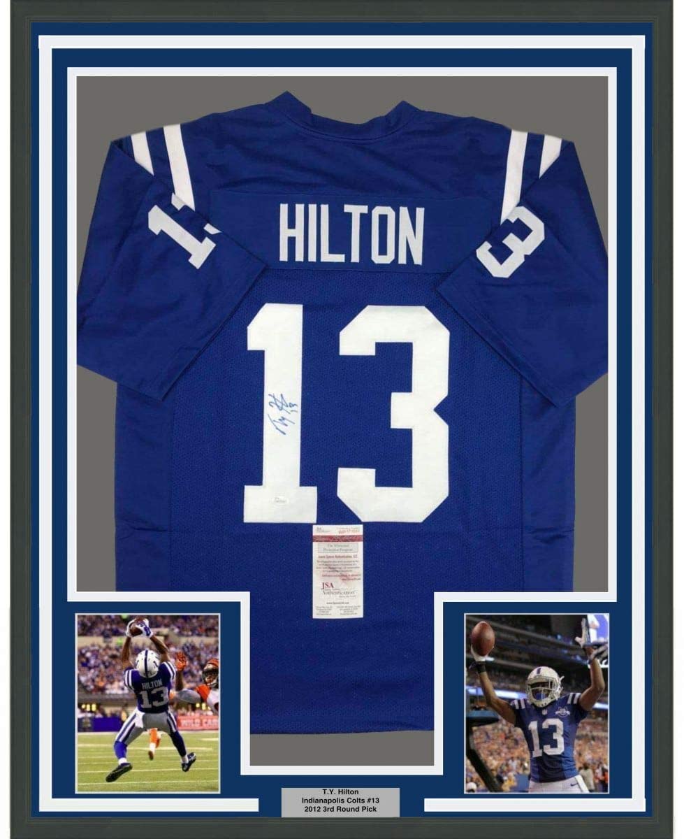 Framed Autographed/Signed TY T.Y. Hilton 35x39 Indianapolis Blue Football Jersey JSA COA