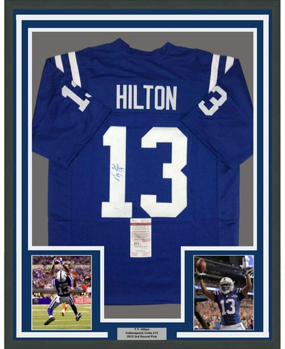 Framed Autographed/Signed TY T.Y. Hilton 35x39 Indianapolis Blue Football Jersey JSA COA