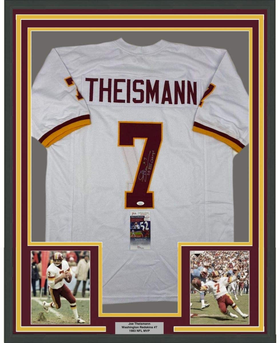 Framed Autographed/Signed Joe Theismann SB XVII Champs 35x39 Washington White Football Jersey JSA COA