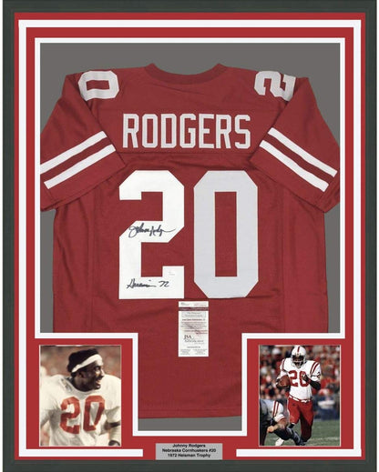 Framed Autographed/Signed Johnny Rodgers Heisman 72 35x39 Nebraska Cornhuskers Red Football Jersey JSA COA