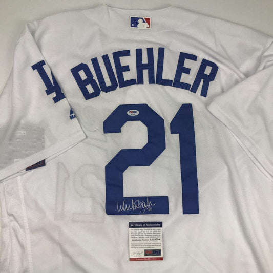 Autographed/Signed Walker Buehler Los Angeles LA White Baseball Jersey PSA/DNA COA