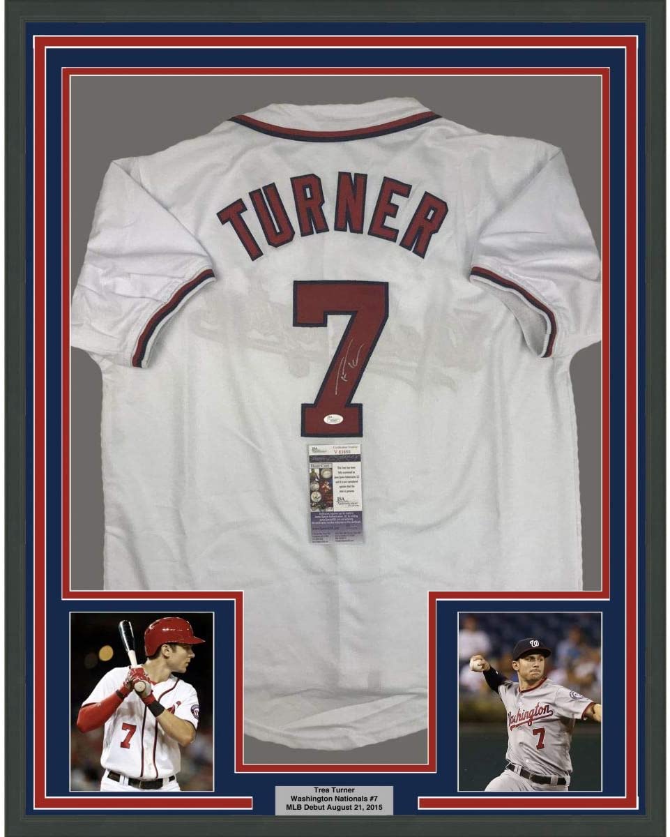 Framed Autographed/Signed Trea Turner 35x39 Washington White Baseball Jersey JSA COA