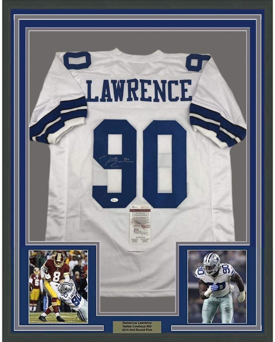 Framed Autographed/Signed Demarcus Lawrence 35x39 Dallas White Football Jersey JSA COA