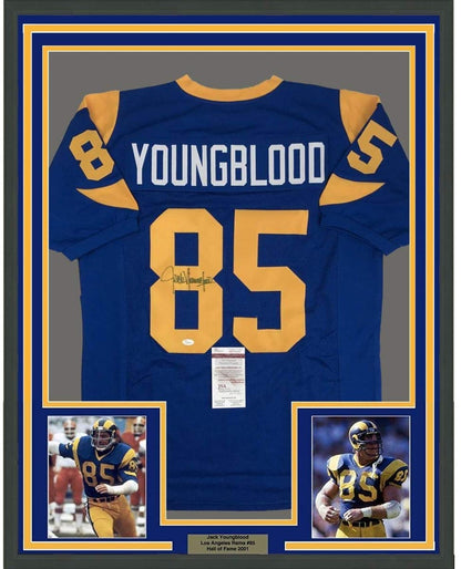 Framed Autographed/Signed Jack Youngblood 35x39 Los Angeles LA Blue Football Jersey JSA COA