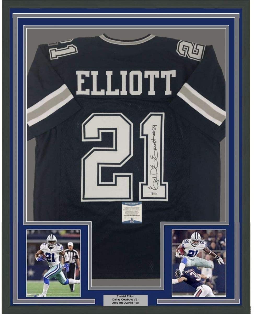 Framed Autographed/Signed Ezekiel Elliott 35x39 Dallas Dark Blue Football Jersey Beckett BAS COA