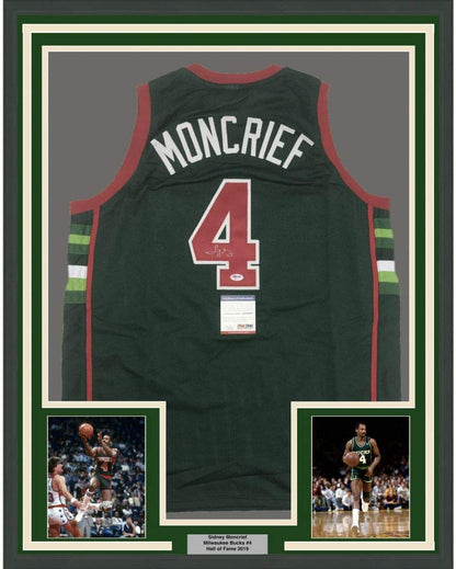 Framed Autographed/Signed Sidney Moncrief 35x39 Milwaukee Green/Red Basketball Jersey PSA/DNA COA