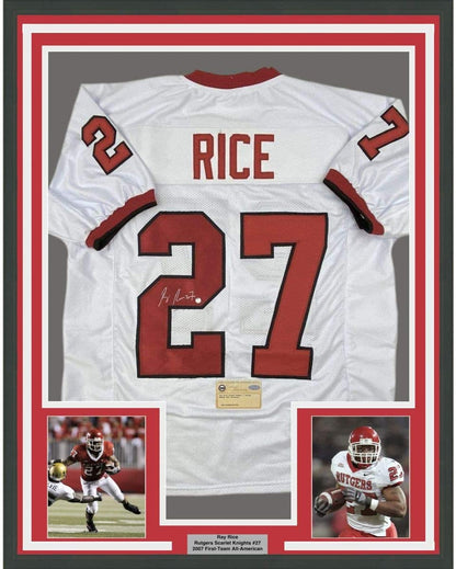 Framed Autographed/Signed Ray Rice 35x39 Rutgers White College Football Jersey Steiner Sports COA