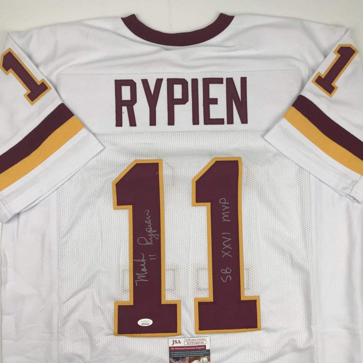 Autographed/Signed Mark Rypien SB XXVI MVP Washington White Football Jersey JSA COA