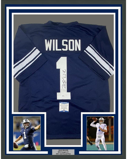 Framed Autographed/Signed Zach Wilson 35x39 BYU Blue College Football Jersey Beckett BAS COA