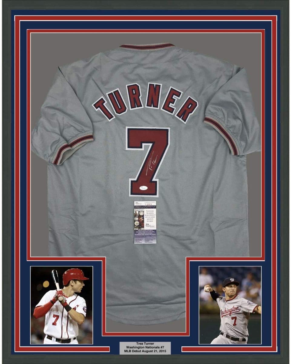Framed Autographed/Signed Trea Turner 35x39 Washington Grey Baseball Jersey JSA COA