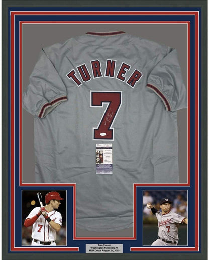 Framed Autographed/Signed Trea Turner 35x39 Washington Grey Baseball Jersey JSA COA