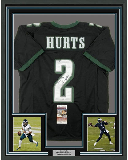Framed Autographed/Signed Jalen Hurts 35x39 Philadelphia Black Football Jersey JSA COA