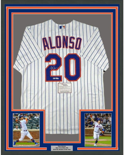 Framed Autographed/Signed Pete Alonso 35x39 New York Mets Authentic Pinstripe Nike Baseball Jersey Fanatics COA