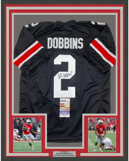 Framed Autographed/Signed JK J.K. Dobbins 35x39 Ohio State Black College Football Jersey JSA COA