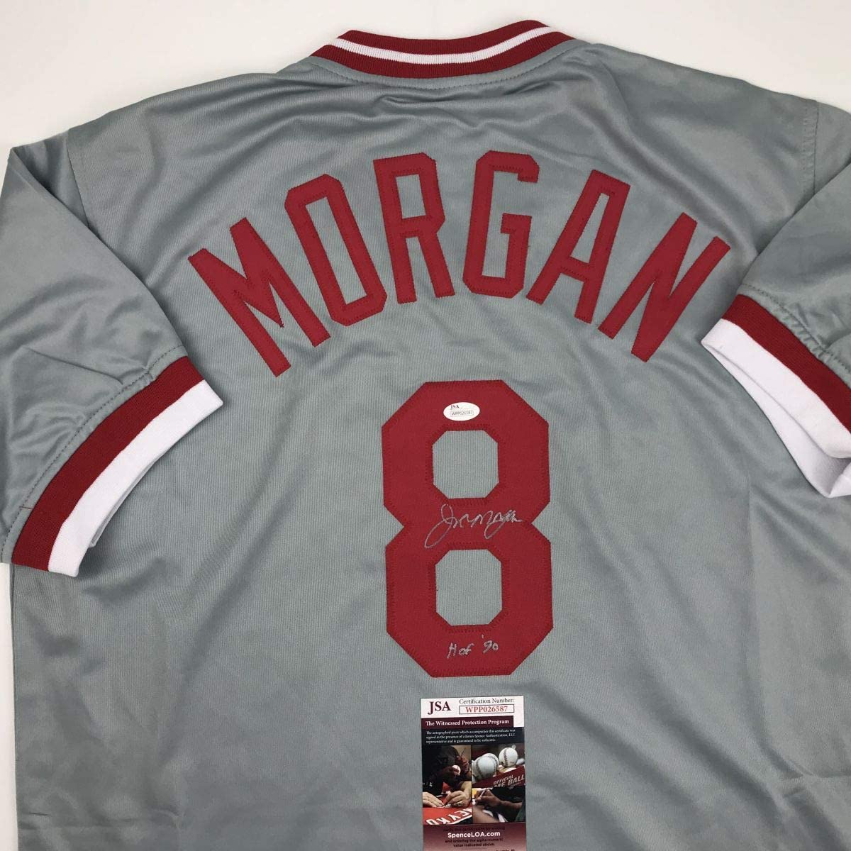Autographed/Signed Joe Morgan HOF 90 Cincinnati Grey Baseball Jersey JSA COA