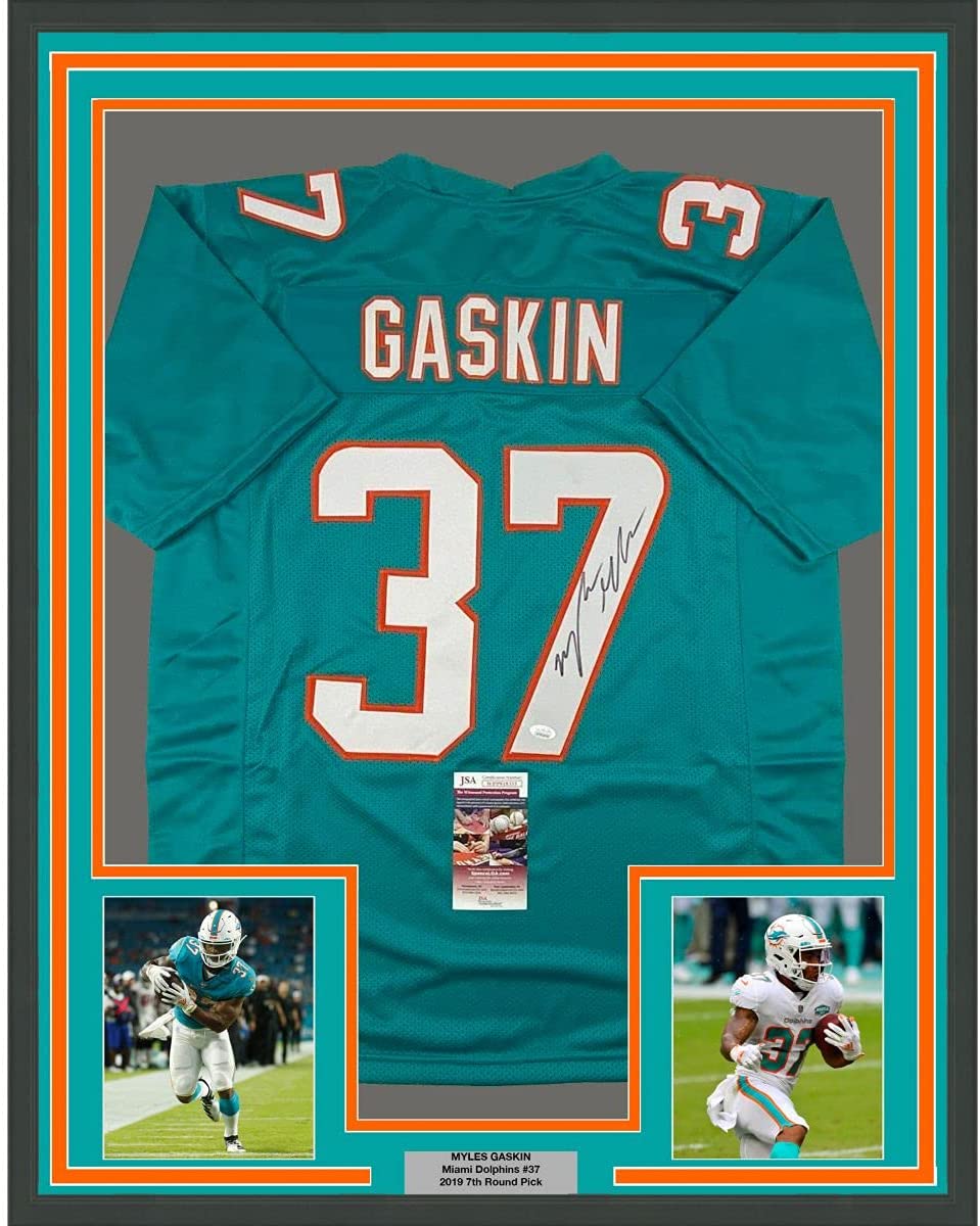 Framed Autographed/Signed Myles Gaskin 35x39 Miami Teal Football Jersey JSA COA