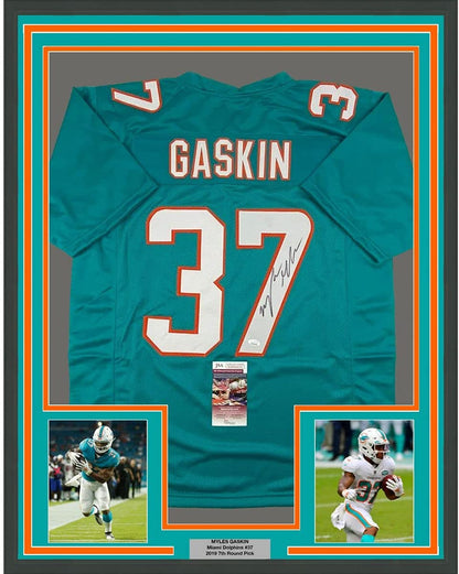 Framed Autographed/Signed Myles Gaskin 35x39 Miami Teal Football Jersey JSA COA