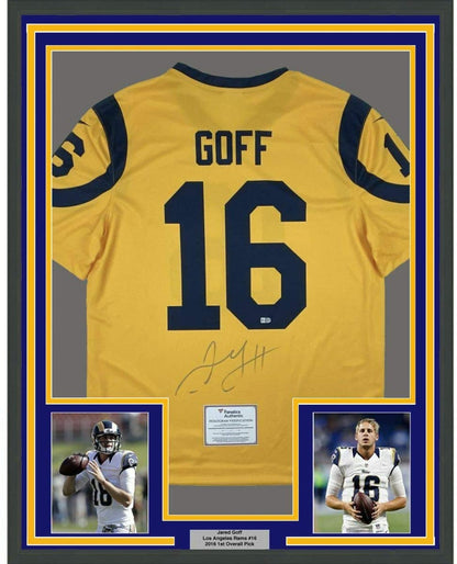 Framed Autographed/Signed Jared Goff 35x39 Los Angeles LA Yellow Color Rush Football Jersey Fanatics COA