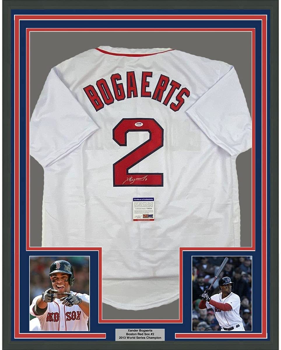 Framed Autographed/Signed Xander Bogaerts 35x39 Boston White Baseball Jersey PSA/DNA COA