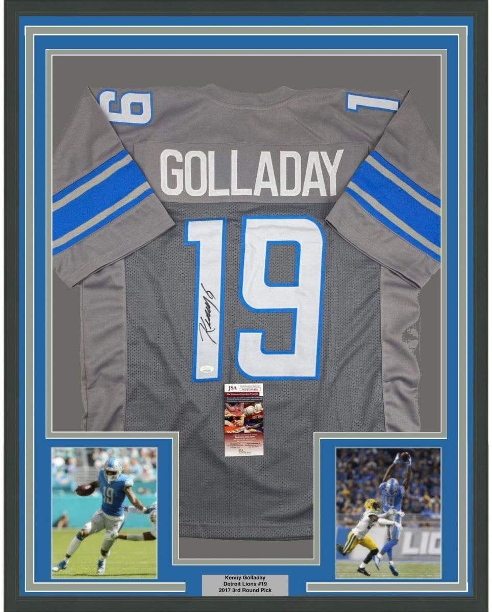 Framed Autographed/Signed Kenny Golladay 35x39 Detroit Grey Football Jersey JSA COA