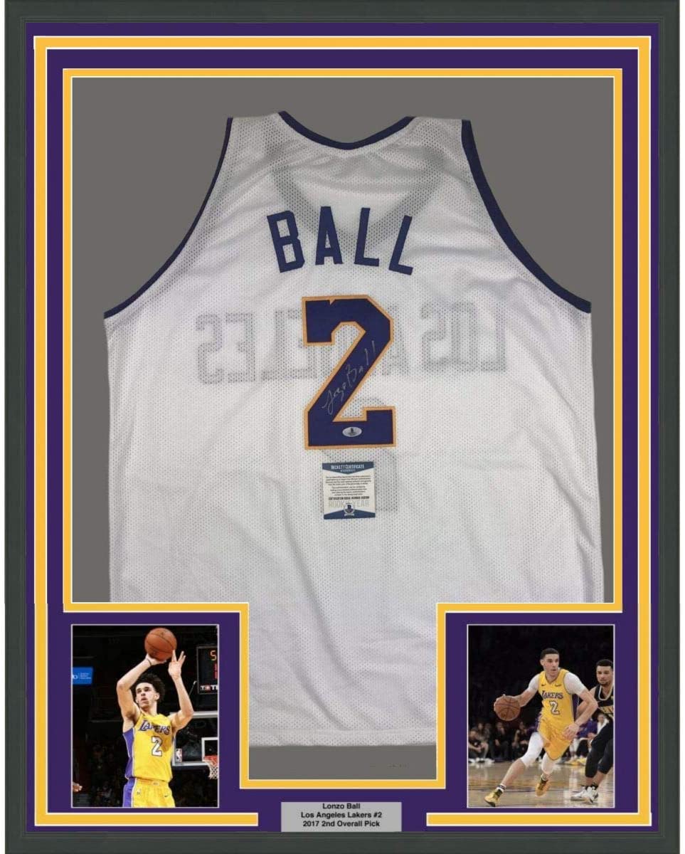 Framed Autographed/Signed Lonzo Ball 35x39 Los Angeles White Basketball Jersey Beckett BAS COA