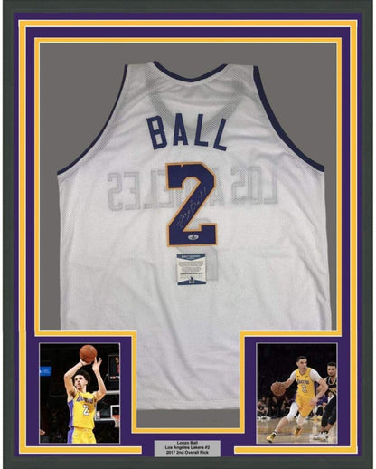 Framed Autographed/Signed Lonzo Ball 35x39 Los Angeles White Basketball Jersey Beckett BAS COA