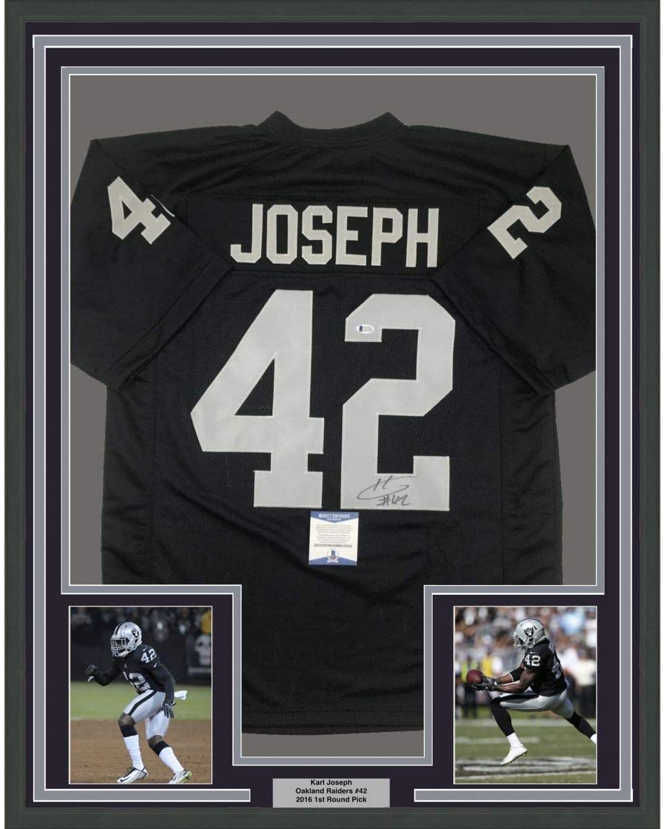 Framed Autographed/Signed Karl Joseph 35x39 Oakland Black Football Jersey Beckett BAS COA