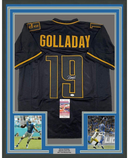 Framed Autographed/Signed Kenny Golladay 35x39 Detroit Black Football Jersey JSA COA #2