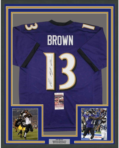 Framed Autographed/Signed John Brown 35x39 Baltimore Purple Football Jersey JSA COA