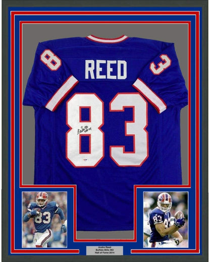 Framed Autographed/Signed Andre Reed HOF 14 35x39 Buffalo Blue Football Jersey PSA/DNA COA