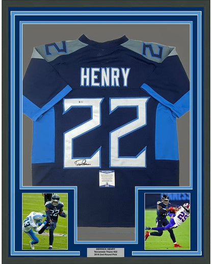 Framed Autographed/Signed Derrick Henry 35x39 Tennessee Dark Blue Football Jersey Beckett BAS COA
