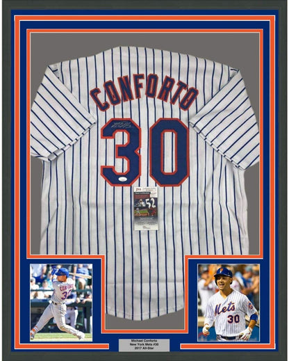 Framed Autographed/Signed Michael Conforto 35x39 New York NY Pinstripe Baseball Jersey JSA COA