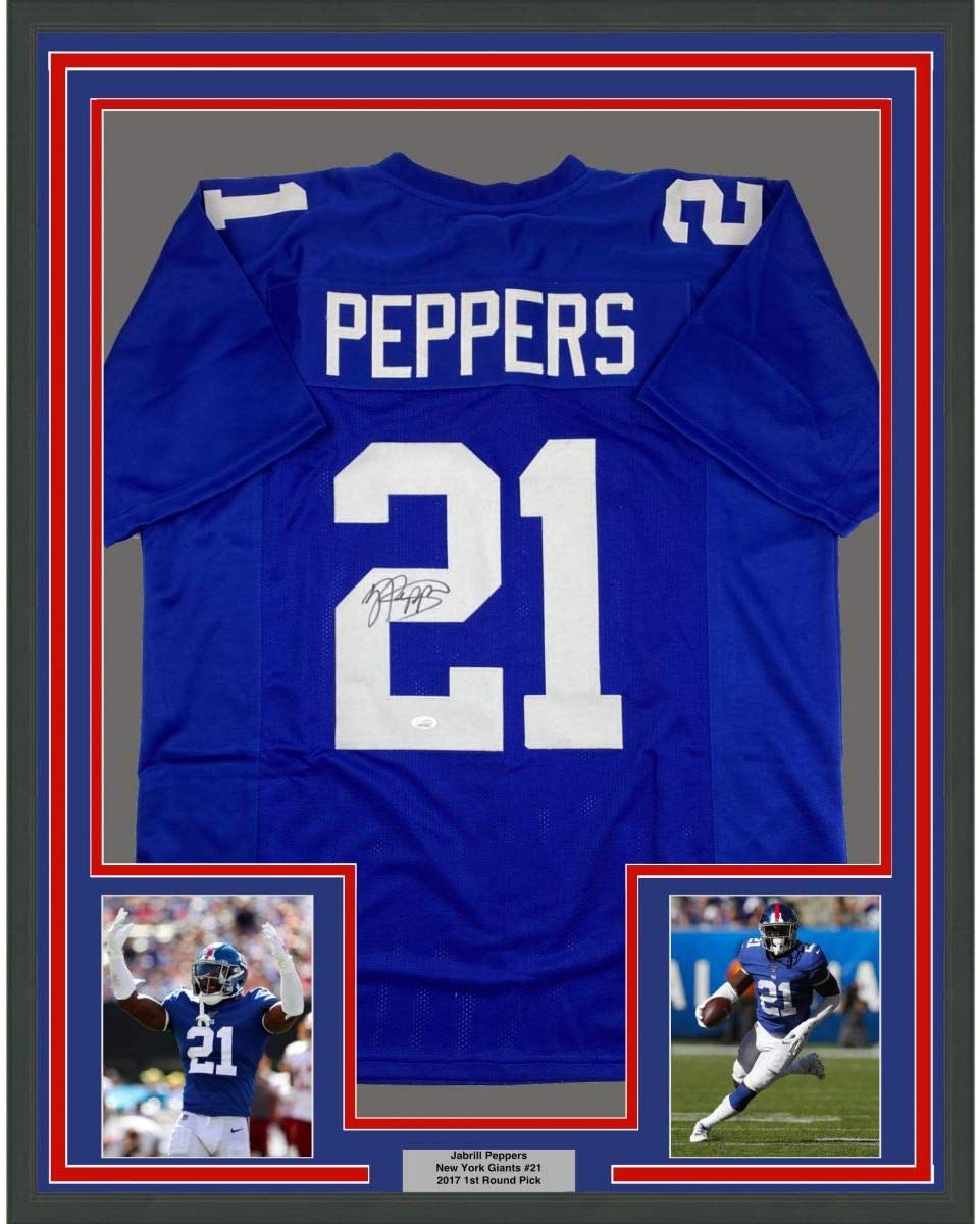 Framed Autographed/Signed Jabrill Peppers 35x39 New York Blue Football Jersey JSA COA