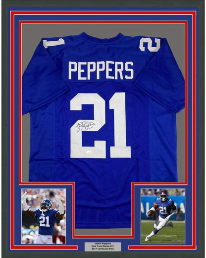 Framed Autographed/Signed Jabrill Peppers 35x39 New York Blue Football Jersey JSA COA