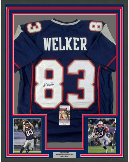 Framed Autographed/Signed Wes Welker 35x39 New England Blue Football Jersey JSA COA