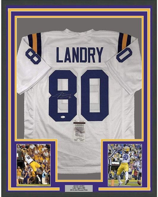 Framed Autographed/Signed Jarvis Landry 35x39 LSU Tigers White College Football Jersey JSA COA