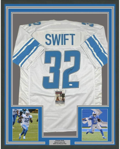 Framed Autographed/Signed D'Andre Swift 35x39 Detroit White Football Jersey JSA COA