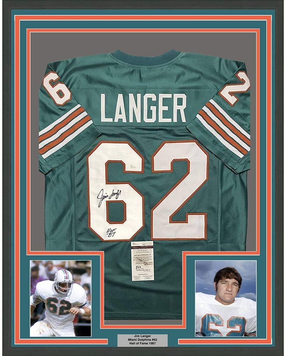 Framed Autographed/Signed Jim Langer"HOF 87" 35x39 Miami Dolphins Teal Football Jersey JSA COA