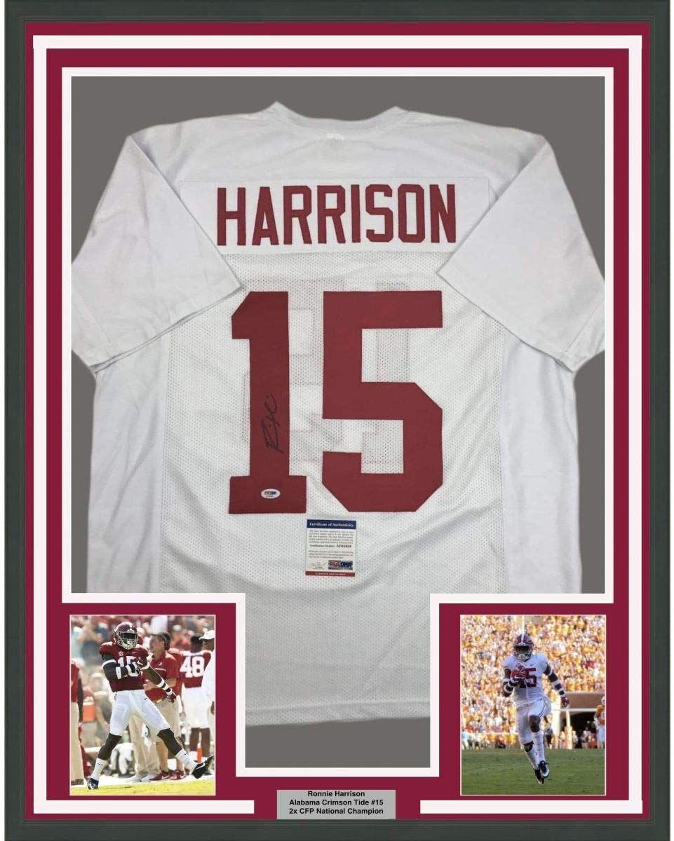 Framed Autographed/Signed Ronnie Harrison 35x39 Alabama White College Football Jersey PSA/DNA COA