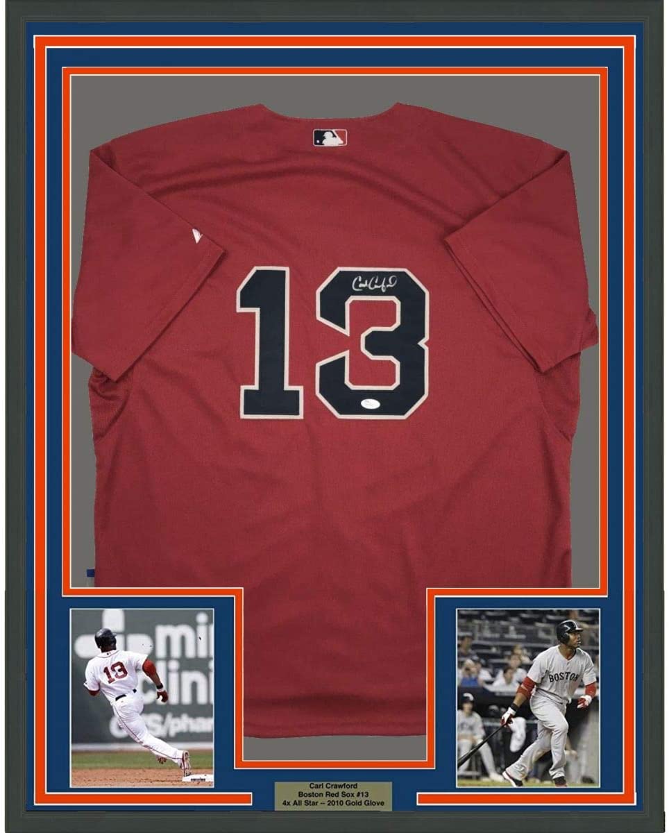 Framed Autographed/Signed Carl Crawford 35x39 Boston Red Baseball Jersey JSA COA Holo Only