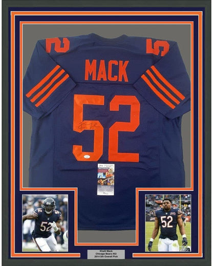 Framed Autographed/Signed Khalil Mack 35x39 Chicago Retro Blue Football Jersey JSA COA