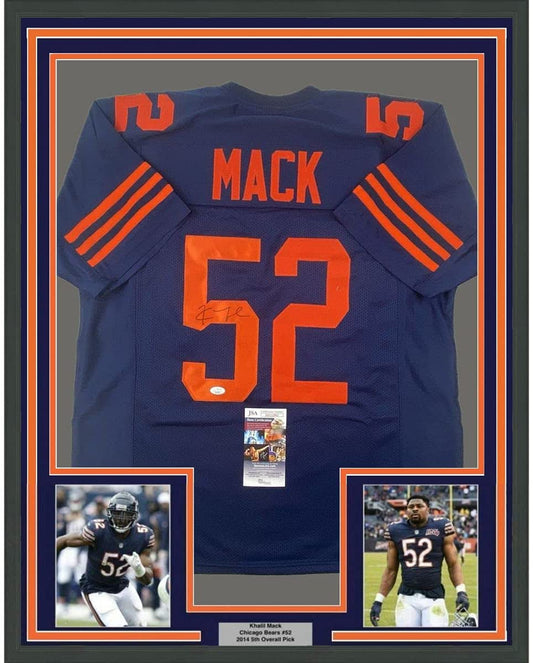 Framed Autographed/Signed Khalil Mack 35x39 Chicago Retro Blue Football Jersey JSA COA