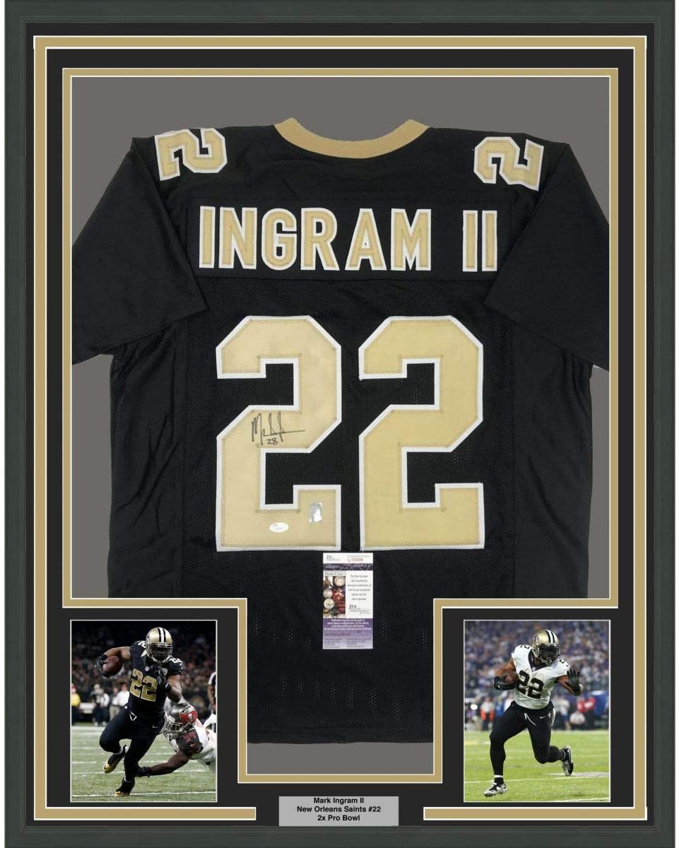 Framed Autographed/Signed Mark Ingram II 35x39 New Orleans Black Football Jersey JSA COA