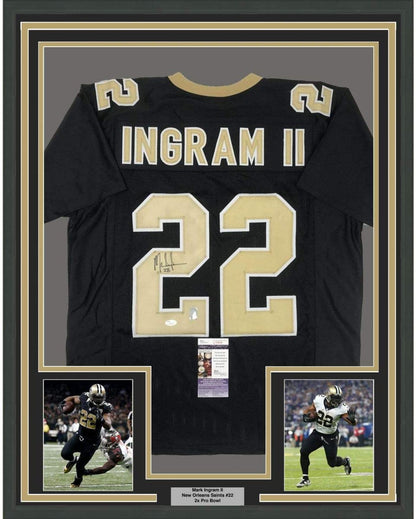 Framed Autographed/Signed Mark Ingram II 35x39 New Orleans Black Football Jersey JSA COA