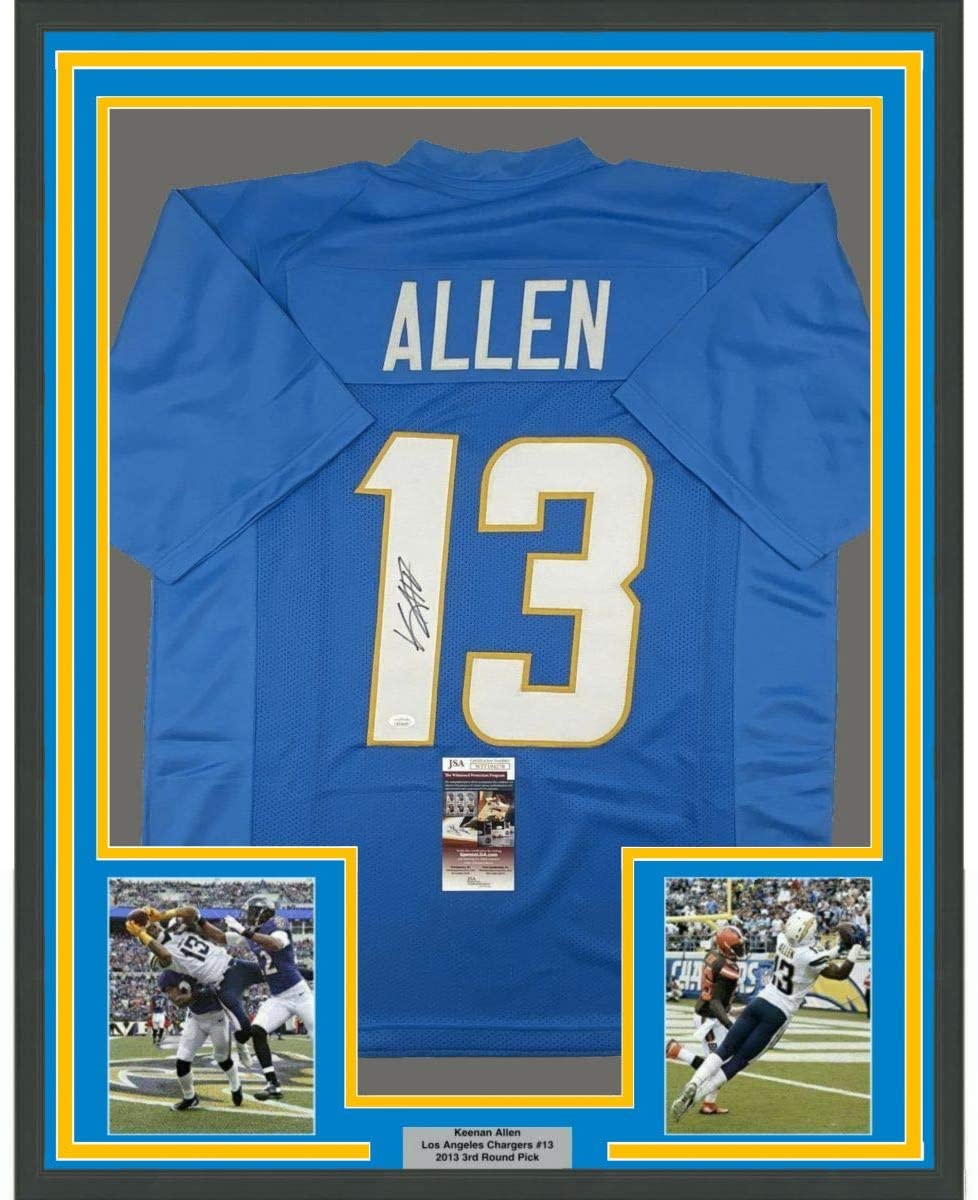 Framed Autographed/Signed Keenan Allen 35x39 Los Angeles LA 2020 Powder Blue Football Jersey JSA COA